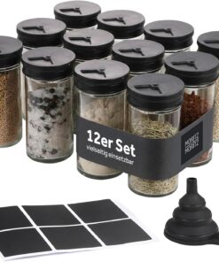 Moritz & Moritz Juego de 12 tarros de especias de 80 ml – Tarros de especias de cristal con tapas negras y pegatinas – herméticos, reutilizables y fáciles de limpiar – para armario y cajón