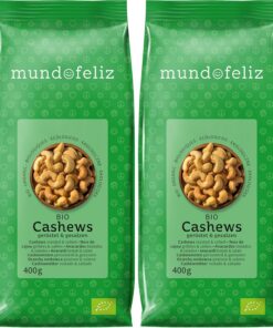 Mundo Feliz Anacardos Ecológicos, Tostados, Salados, 2 x 400 g (Paquete de 2)