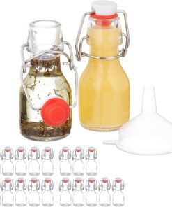 Relaxdays Pack Botellitas de Cristal, 50 ml, 20 Mini Botellas para Rellenar Licor o Aceite, Tapa Mecánica, Transparente