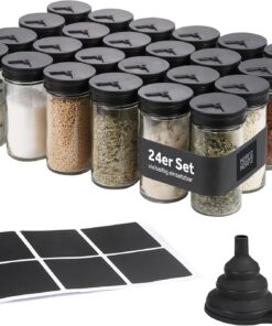 Moritz & Moritz Juego de 24 tarros de especias de 80 ml – Tarros de especias de cristal con tapas negras y pegatinas – herméticos, reutilizables y fáciles de limpiar – para armario y cajón
