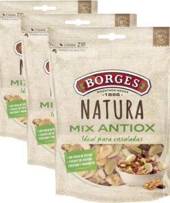 Borges - Cocktail Variado de Almendras, Pipas, Nueces, Arándanos, Pasas y Pistachos Crudos Antiox - Con alto contenido en Ácidos Grasos, Ácido Linocélico, Fibra, Magnesio - Sin Gluten - 130g