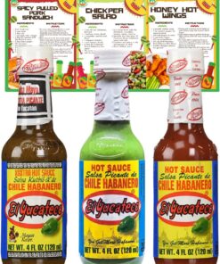 Go2 Groceries El paquete de salsa picante de chile contiene El Yucateco Green Habanero, Salsa Kutbil-ik-de XXXTRA Hot y Habanero Rojo (120 ml cada uno) con tarjetas de recetas
