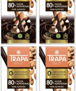 TRAPA 0% AZÚCARES AÑADIDOS |Chocolate Negro 80% con Almendras | Tableta 100 g | Sin Gluten (Paquete de 4)