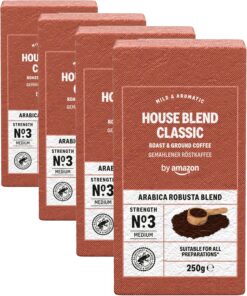 by Amazon House Blend - Mezcla de arábica molida y robusta, 250 g, 1 paquete (Paquete de 4)