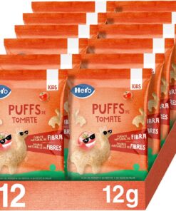 Hero Kids - Puff Snack de tomate, ingredientes 100% naturales, fuente natural de fibra, sin sal añadida, sin aceite de palma, sin aditivos, snack para niños, paquete de 12 x 12 g
